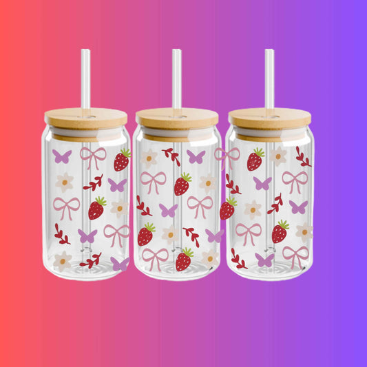 Pink Bow Coquette and Strawberries 16oz Libbey Cup