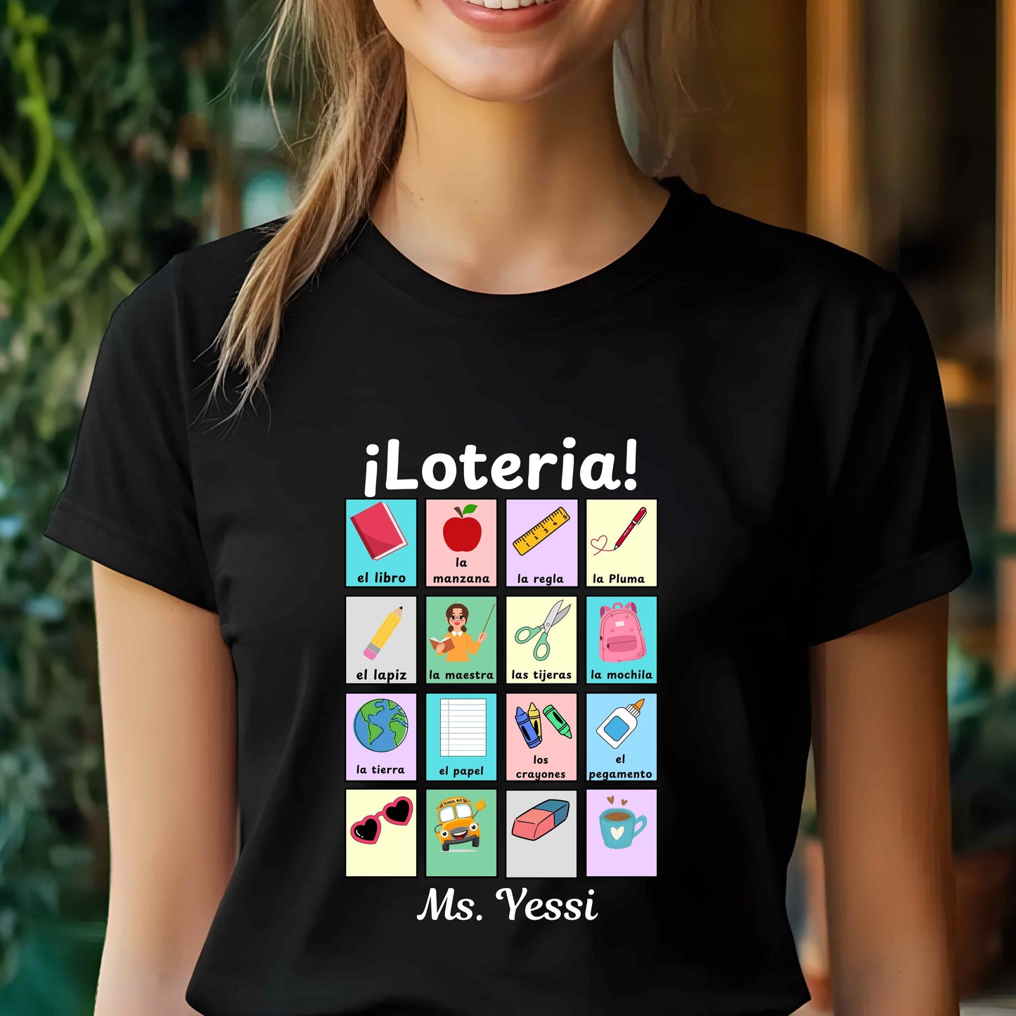 Colorful Lotería Spanish Teacher T-Shirt with classroom vocabulary. Perfect for bilingual classrooms, cultural pride, and teacher appreciation gifts.