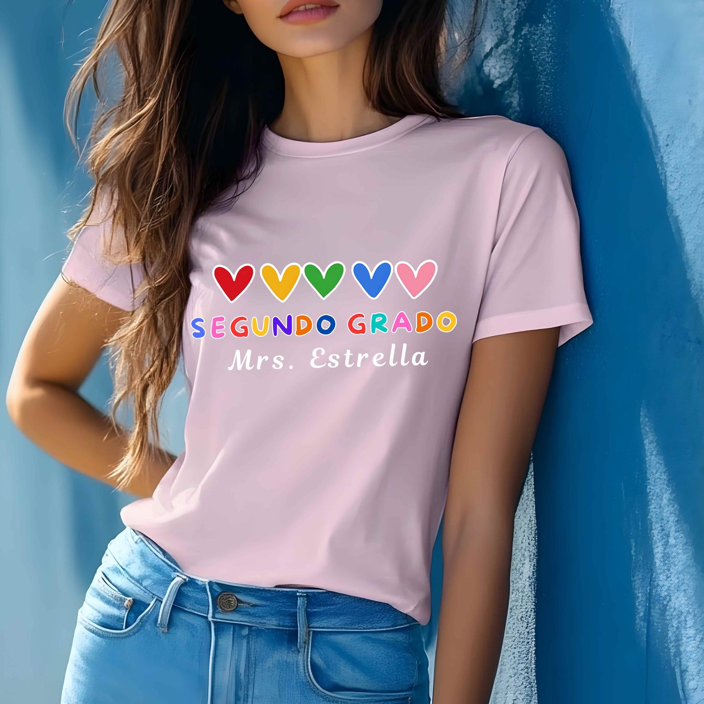 Personalized Segundo Grado Teacher T-Shirt with rainbow hearts. Perfect bilingual teacher shirt, back-to-school outfit, or custom educator gift.
