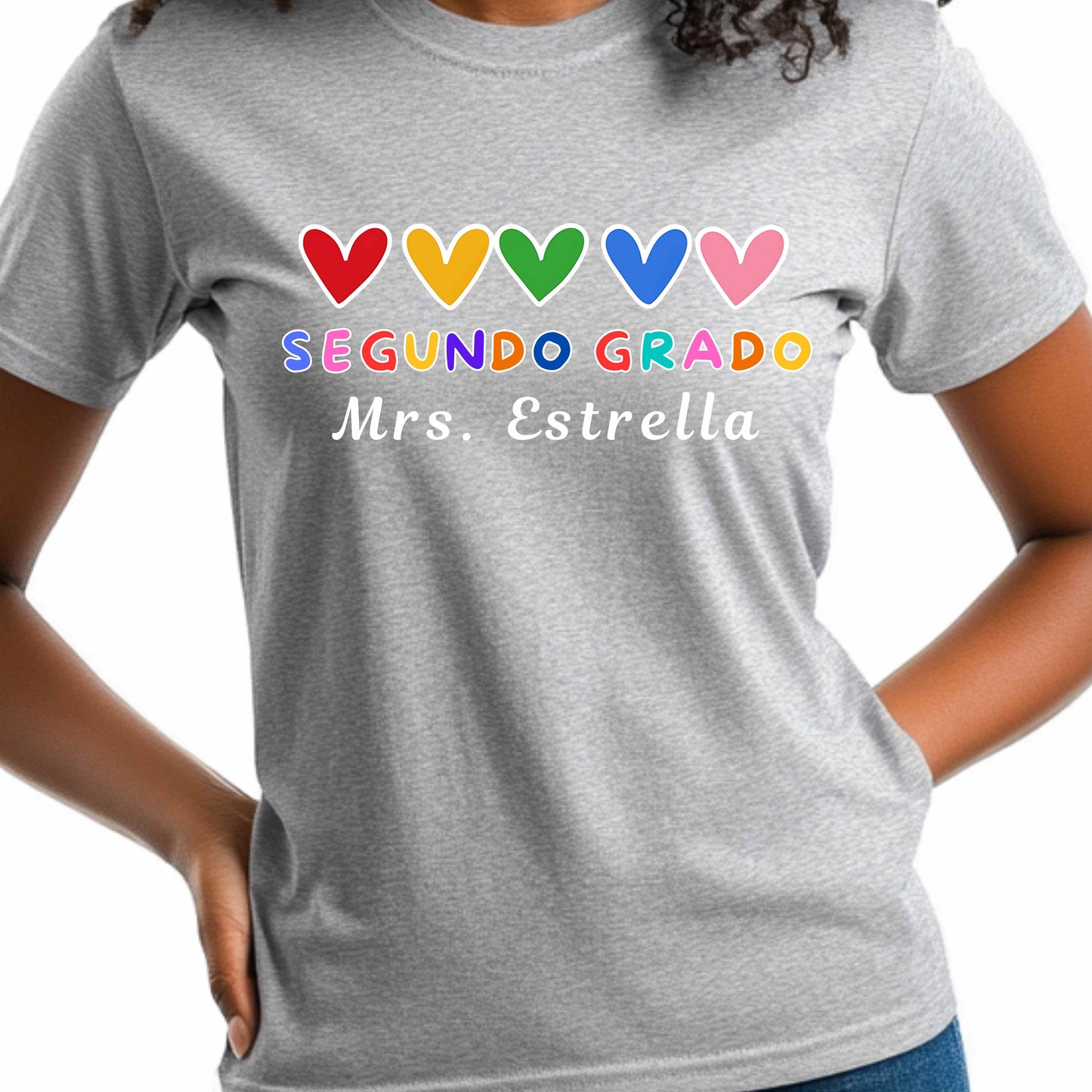 Personalized Segundo Grado Teacher T-Shirt with rainbow hearts. Perfect bilingual teacher shirt, back-to-school outfit, or custom educator gift.