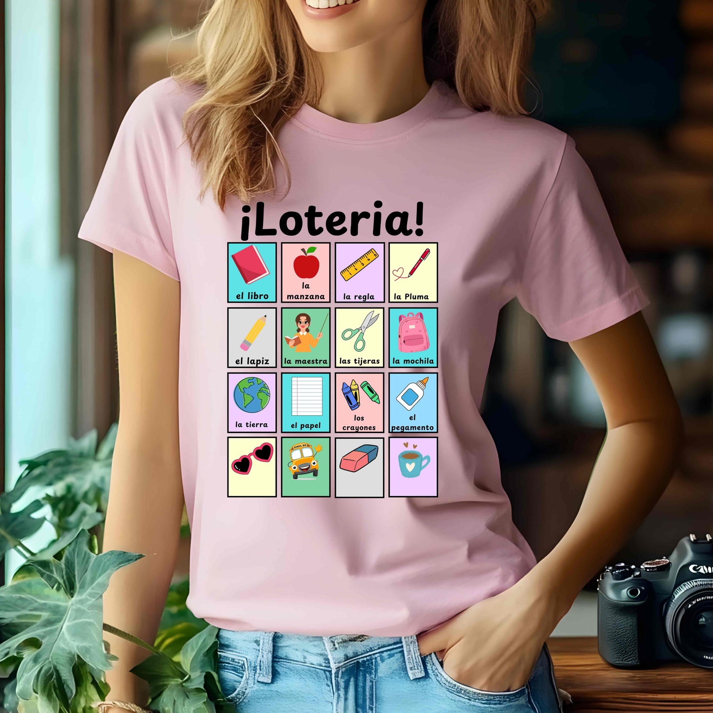 Colorful Lotería Spanish Teacher T-Shirt with classroom vocabulary. Perfect for bilingual classrooms, cultural pride, and teacher appreciation gifts.