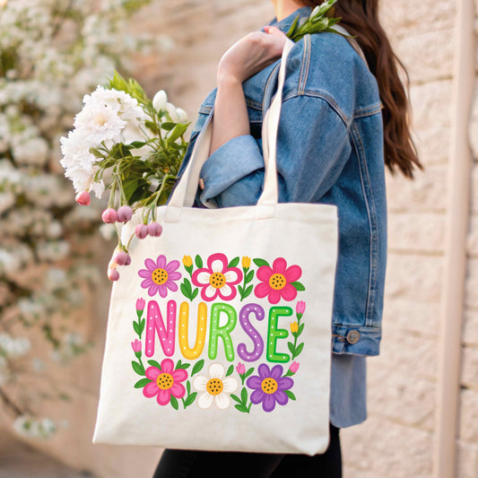 Floral Nurse Tote Bag – Cute Canvas Work Bag for RNs, Nursing Students & Healthcare Workers – Nurse Appreciation Gift