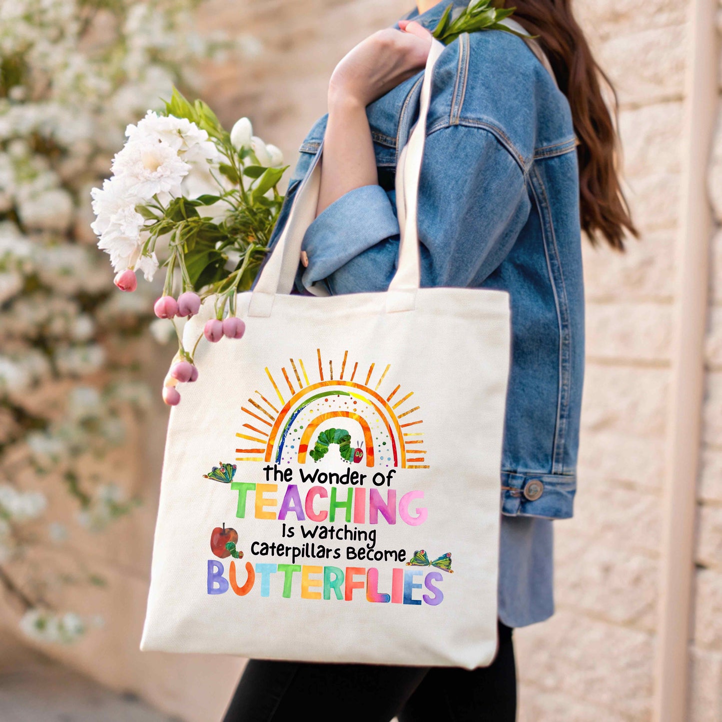 The Wonder of Teaching Tote Bag, Cotton Canvas Teacher Gift, Colorful Butterfly Design