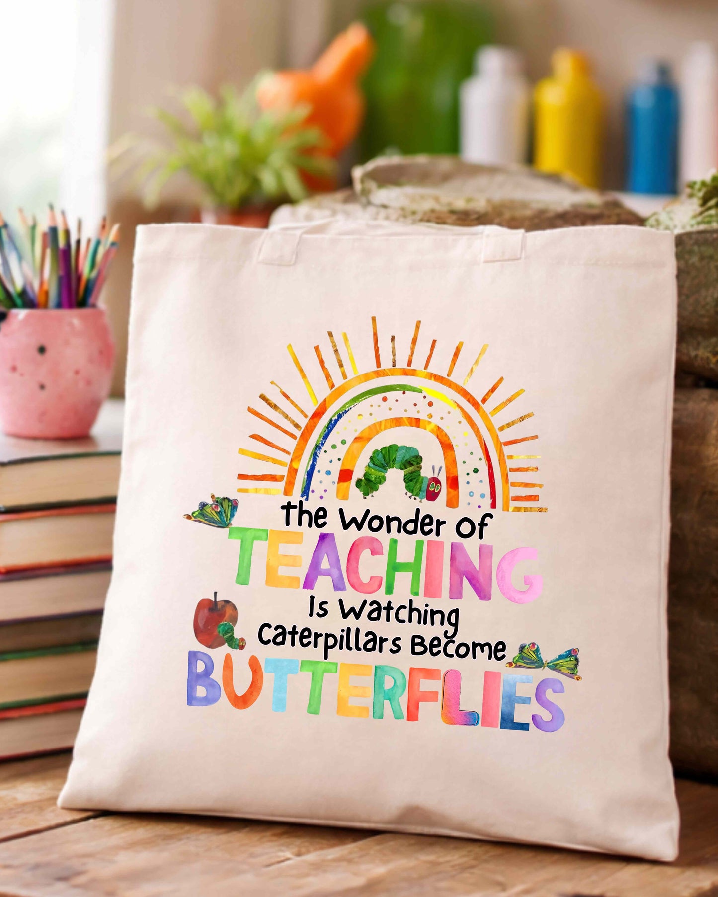 The Wonder of Teaching Tote Bag, Cotton Canvas Teacher Gift, Colorful Butterfly Design