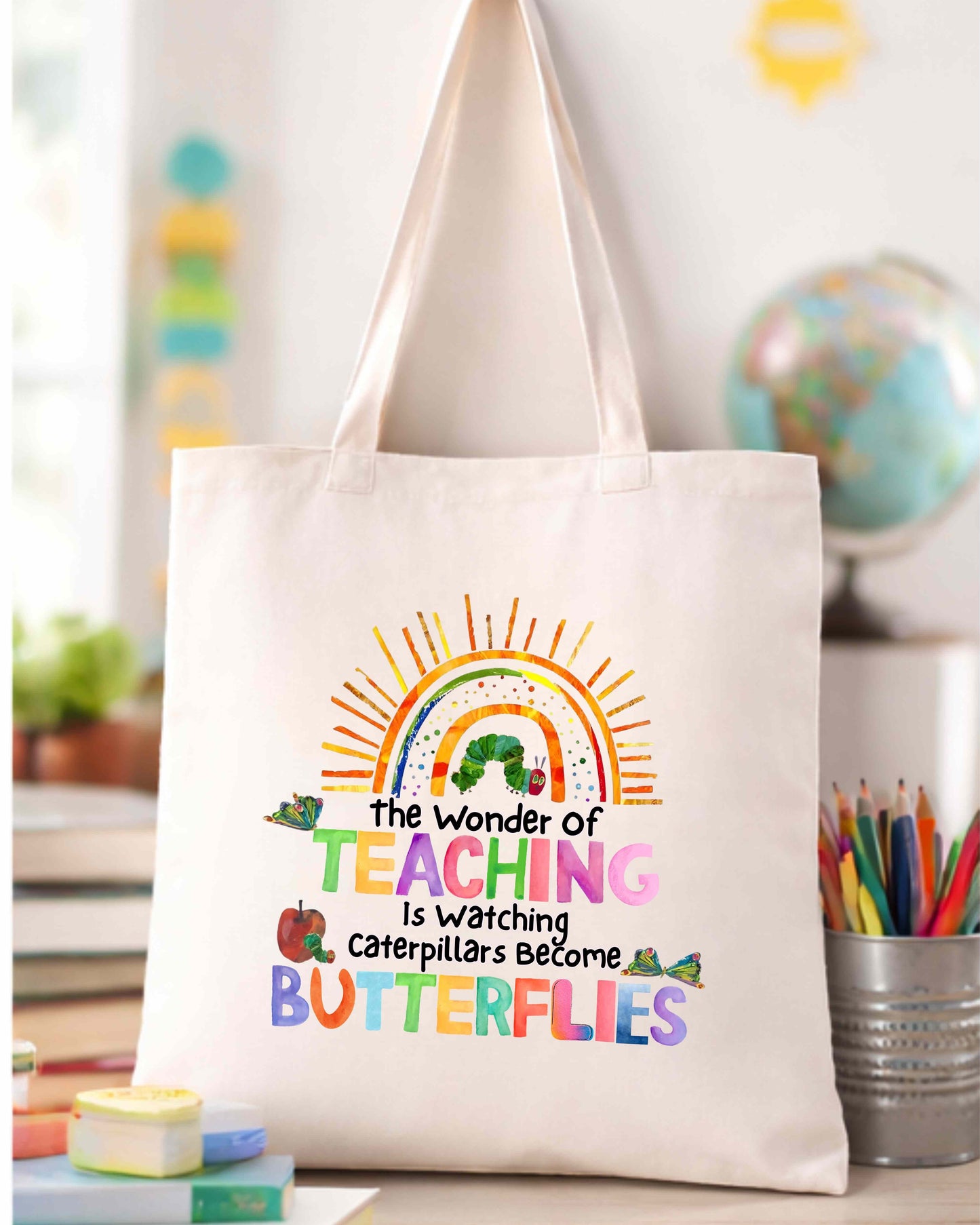 The Wonder of Teaching Tote Bag, Cotton Canvas Teacher Gift, Colorful Butterfly Design