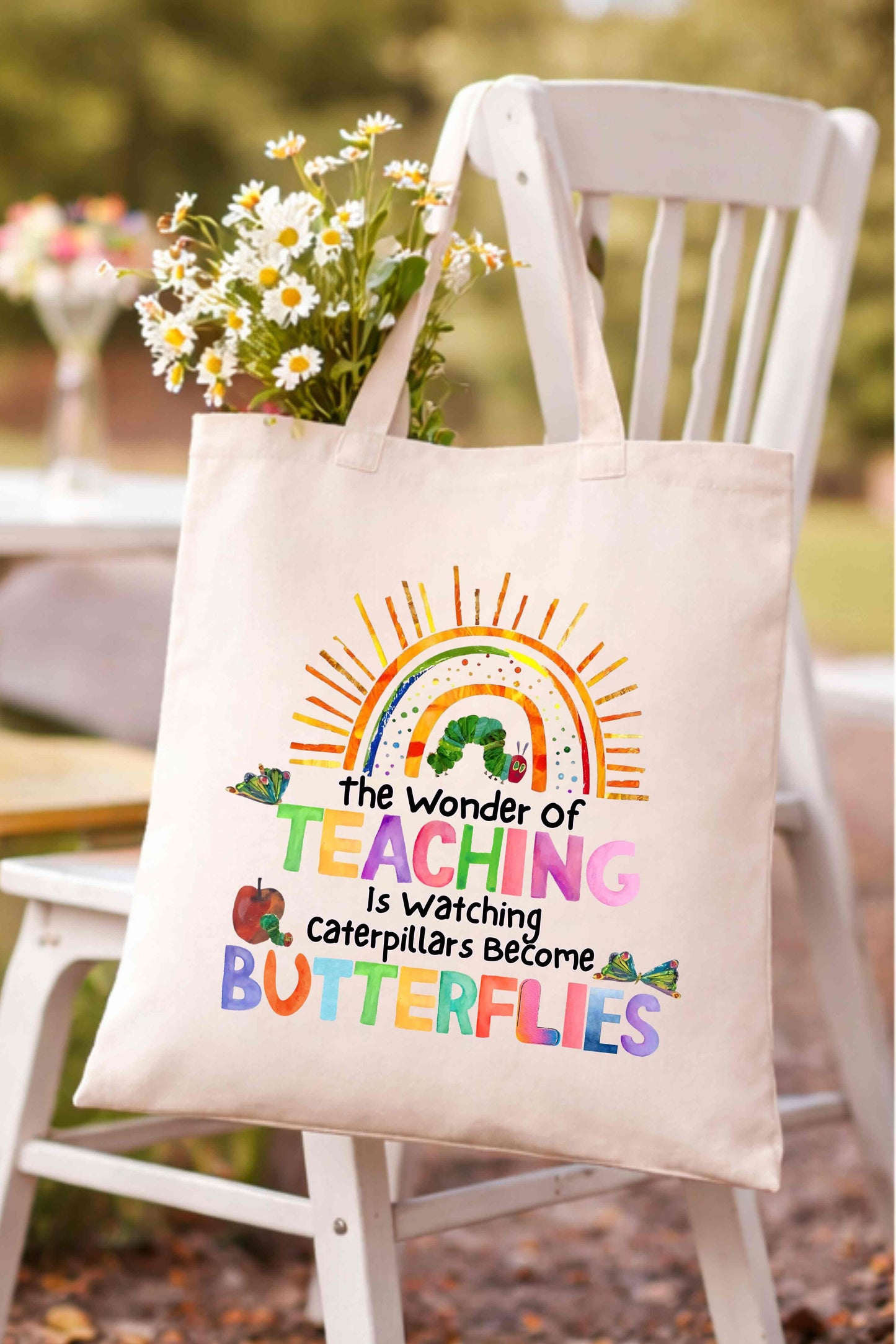 The Wonder of Teaching Tote Bag, Cotton Canvas Teacher Gift, Colorful Butterfly Design