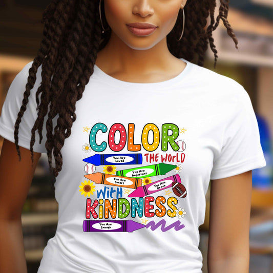 Color the World with Kindness T-Shirt, Teacher Affirmation Shirt, Positive Quote Graphic Tee, Motivational Classroom Kindness Top
