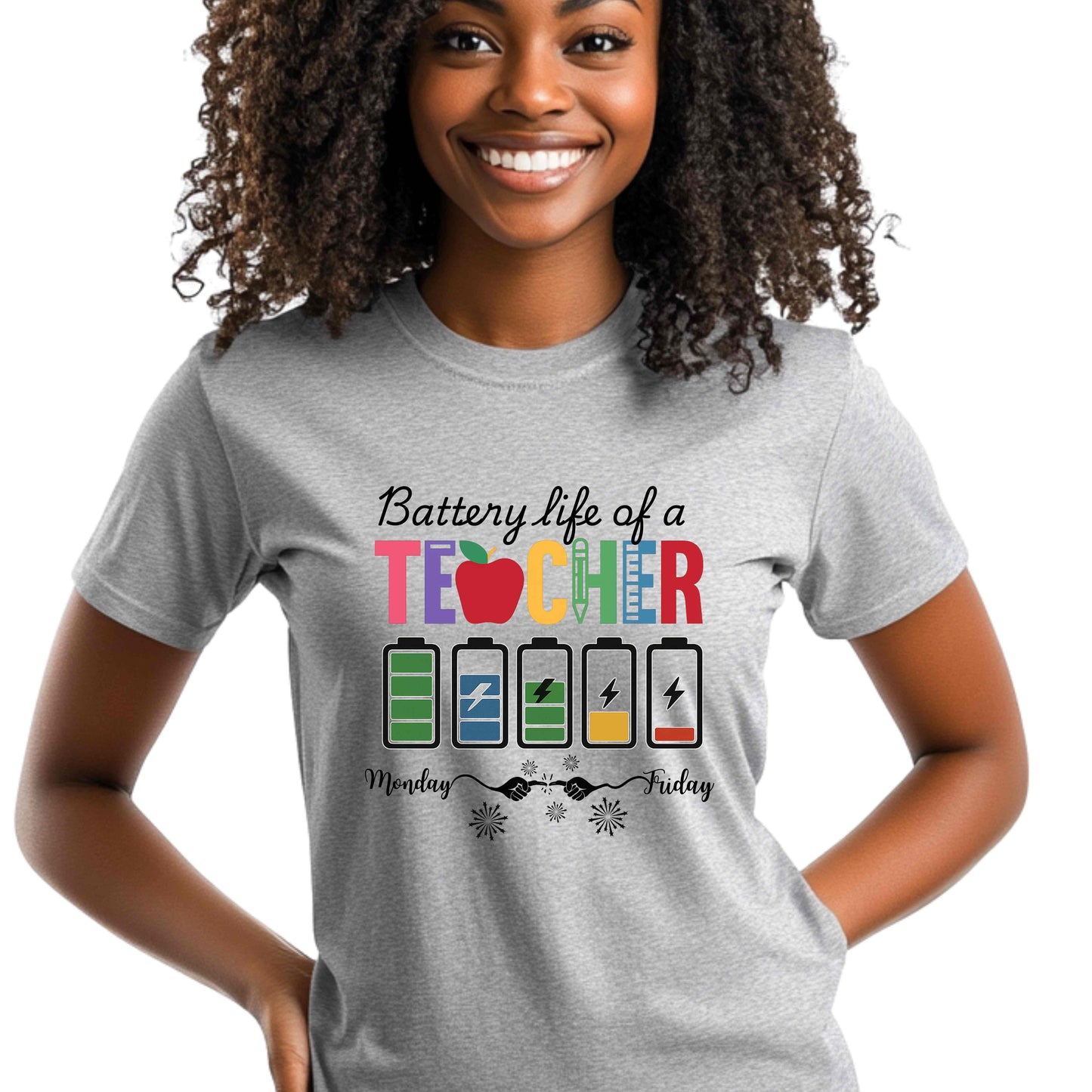 Funny Battery Life of a Teacher T-Shirt. Perfect back-to-school graphic tee and teacher appreciation gift. A playful humor shirt for educators