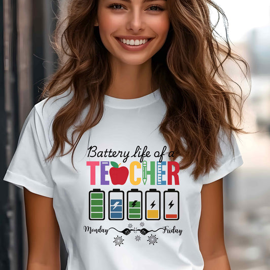 Funny Battery Life of a Teacher T-Shirt. Perfect back-to-school graphic tee and teacher appreciation gift. A playful humor shirt for educators