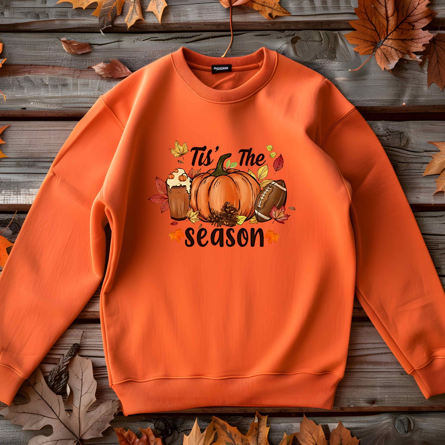 Tis’ The Season Fall Crewneck Sweatshirt – Pumpkin Spice Latte, Football, and Autumn Leaves Cozy Unisex Sweater – Thanksgiving Gift Outfit
