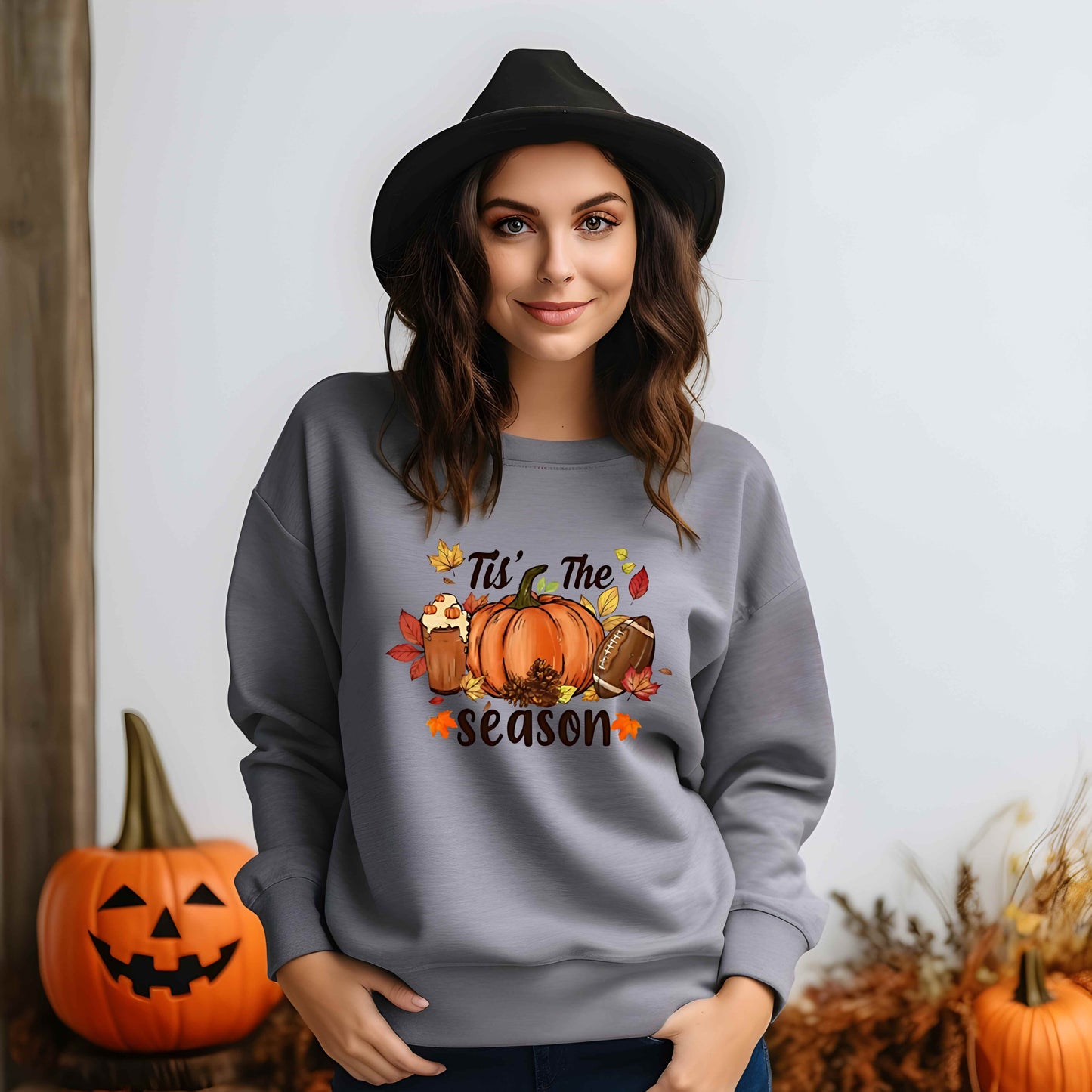 Tis’ The Season Fall Crewneck Sweatshirt – Pumpkin Spice Latte, Football, and Autumn Leaves Cozy Unisex Sweater – Thanksgiving Gift Outfit