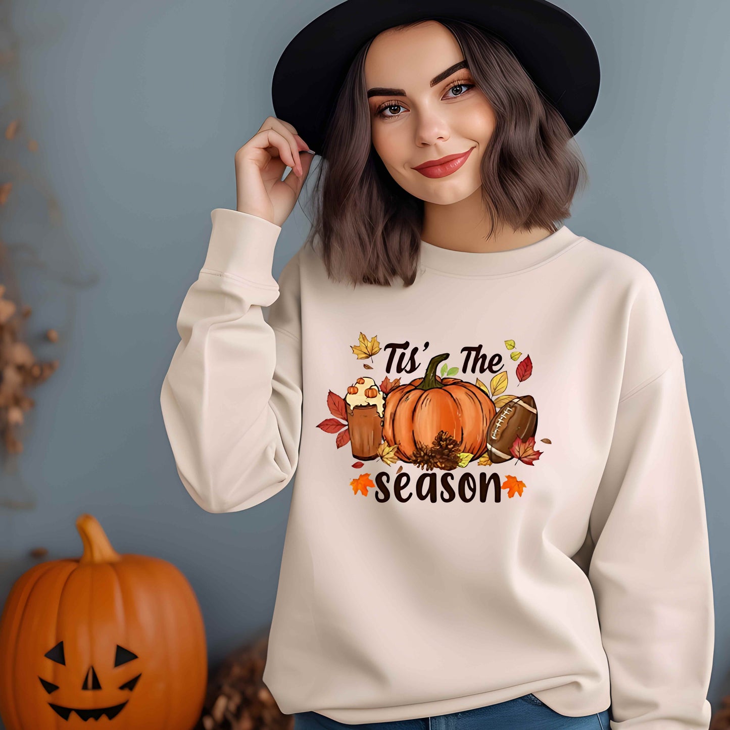 Tis’ The Season Fall Crewneck Sweatshirt – Pumpkin Spice Latte, Football, and Autumn Leaves Cozy Unisex Sweater – Thanksgiving Gift Outfit