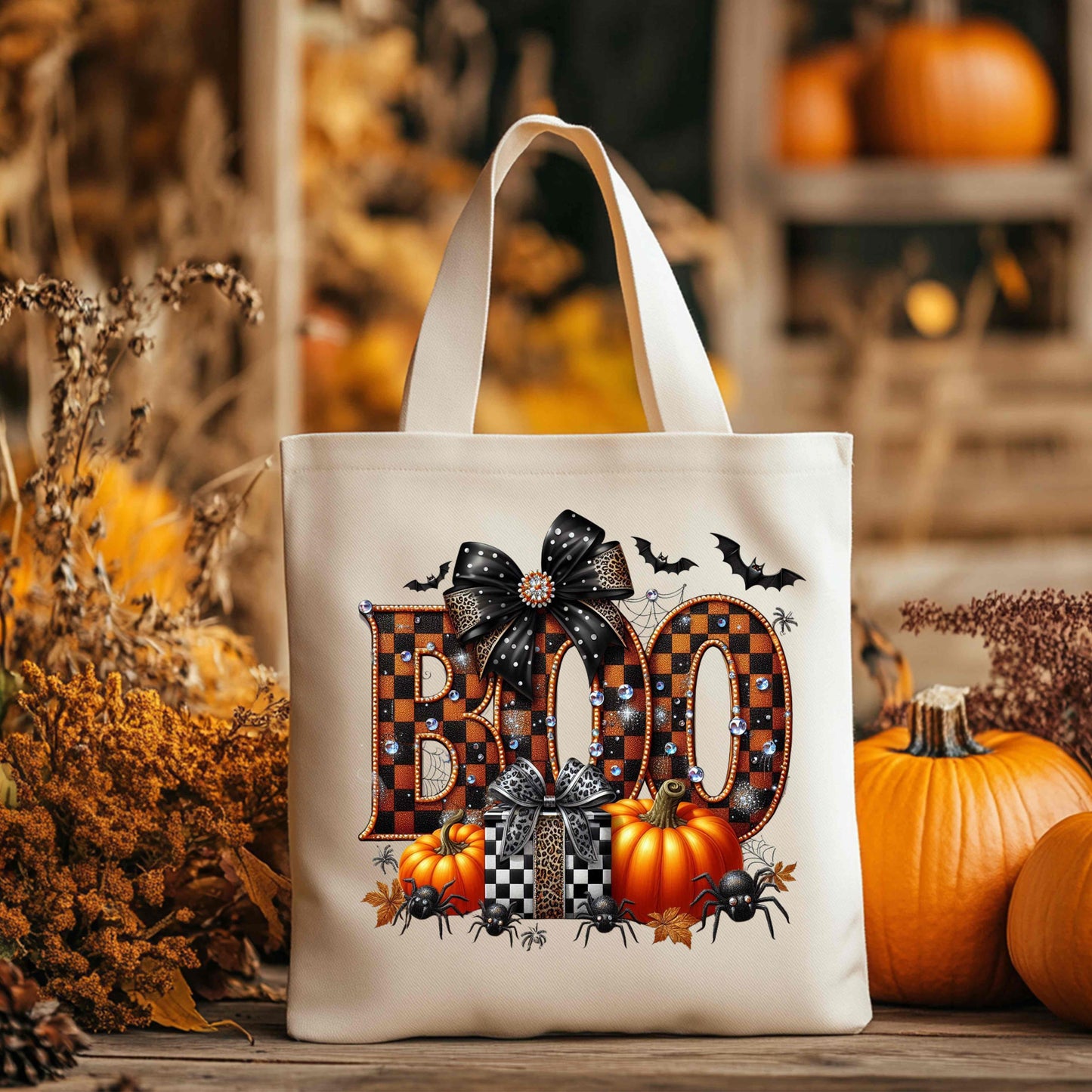 Halloween BOO Digital Download PNG – Glitter Pumpkin Sublimation PNG with Spiders, Bats, and Rhinestone Bow – Spooky Glam Clipart for Crafts & Shirts