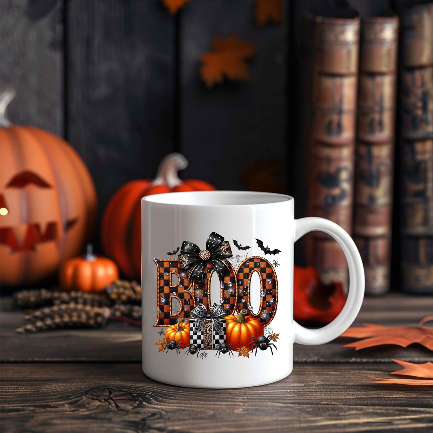 Halloween BOO Digital Download PNG – Glitter Pumpkin Sublimation PNG with Spiders, Bats, and Rhinestone Bow – Spooky Glam Clipart for Crafts & Shirts