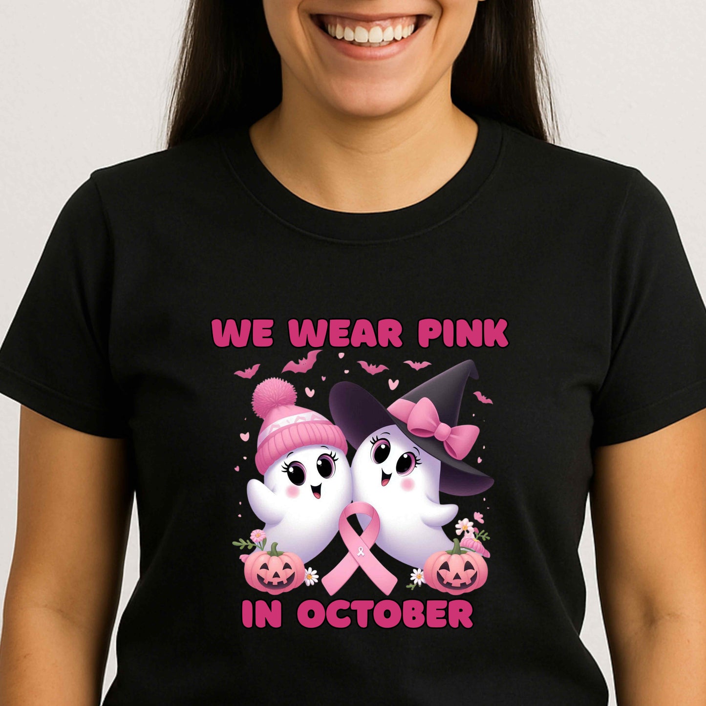 In October We Wear Pink Ghost Breast Cancer Awareness, Cute spooky season shirt, Cancer Awareness Month