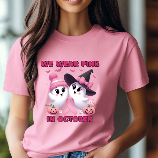 In October We Wear Pink Ghost Breast Cancer Awareness, Cute spooky season shirt, Cancer Awareness Month