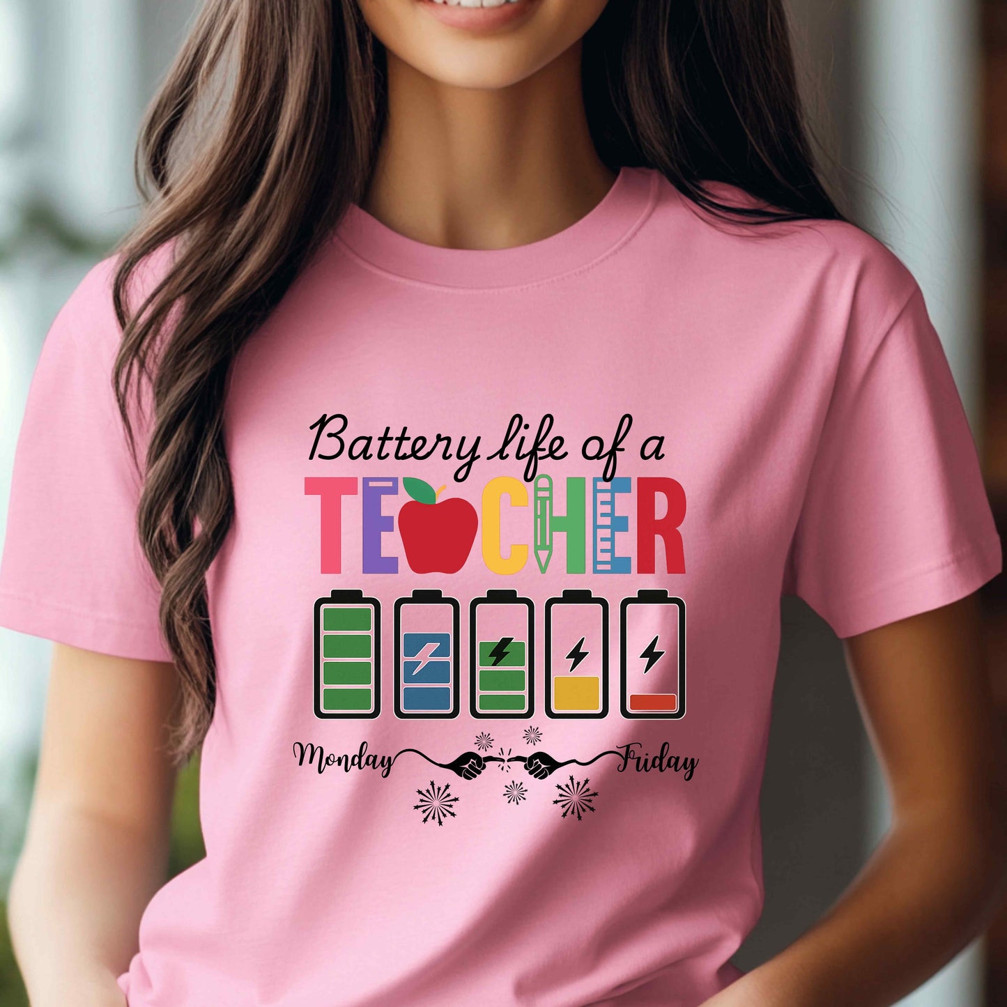 Funny Battery Life of a Teacher T-Shirt. Perfect back-to-school graphic tee and teacher appreciation gift. A playful humor shirt for educators