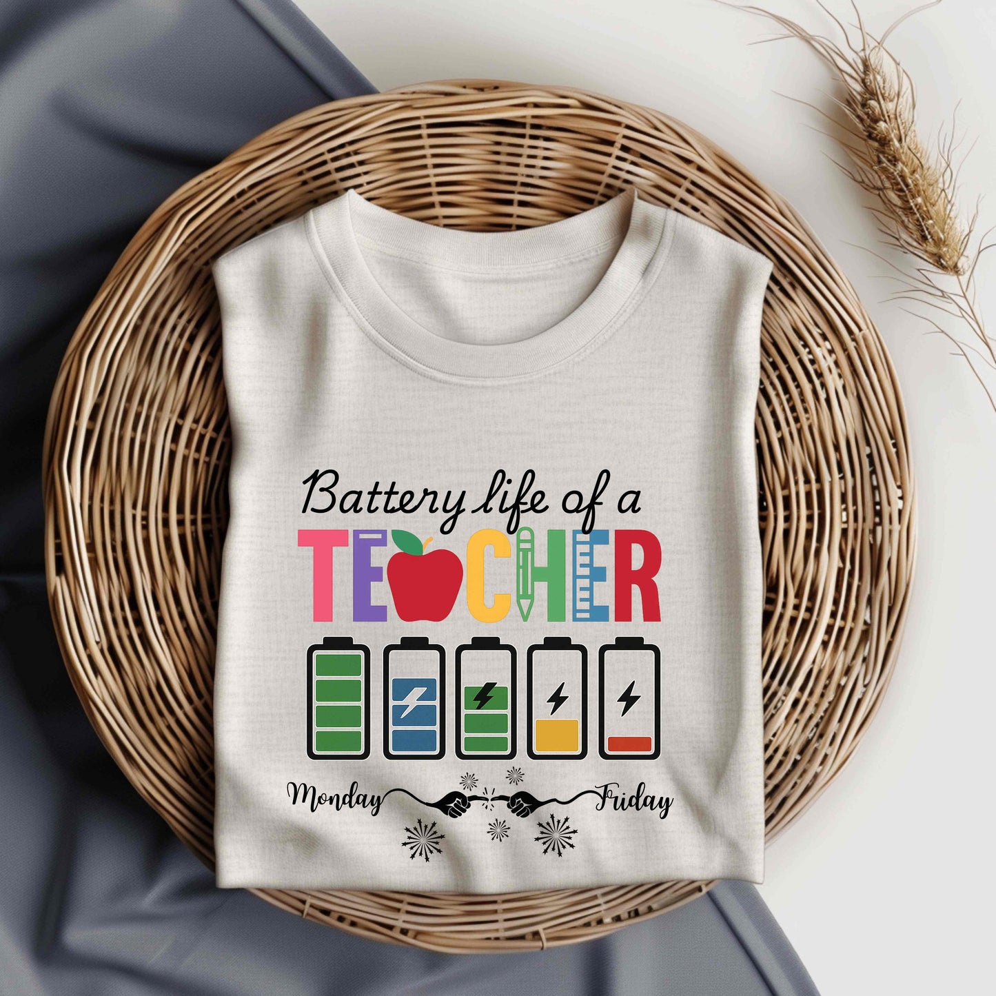 Funny Battery Life of a Teacher T-Shirt. Perfect back-to-school graphic tee and teacher appreciation gift. A playful humor shirt for educators