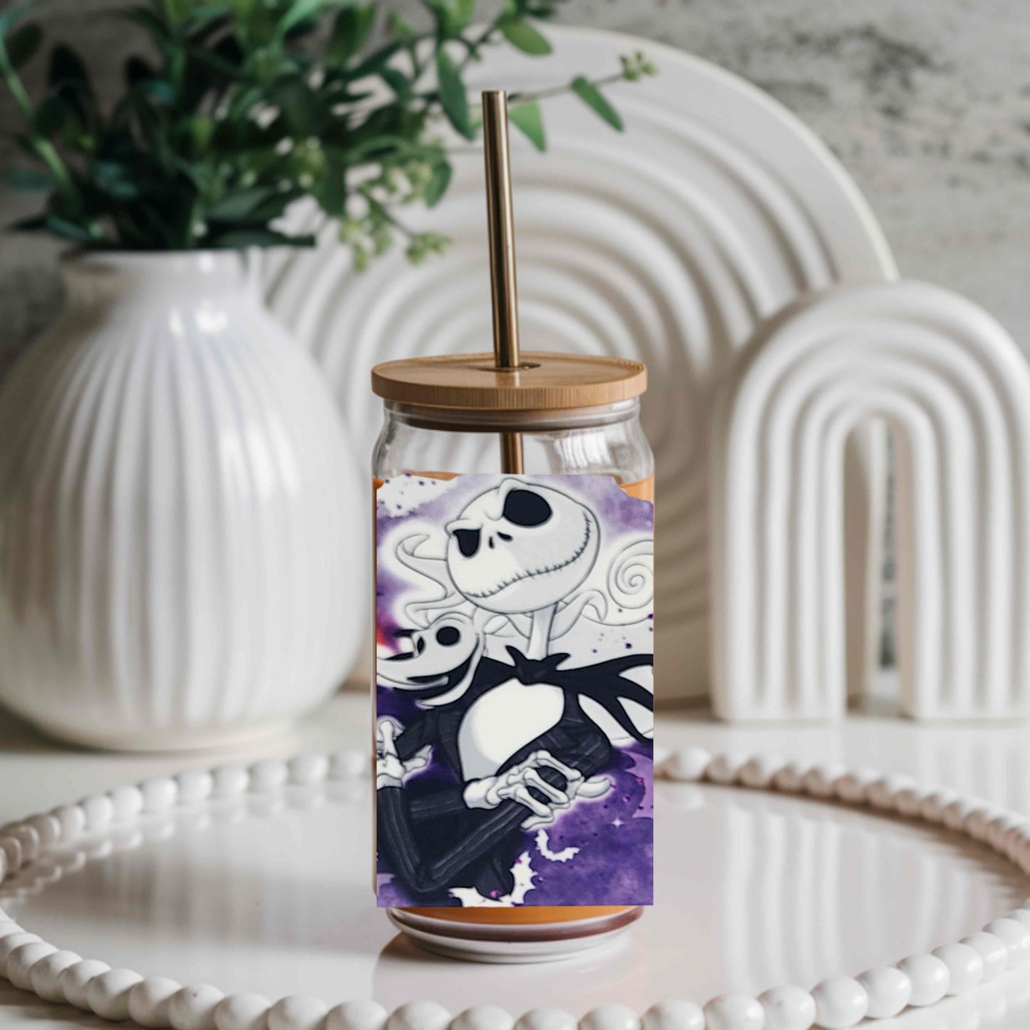 Jack Nightmare Before Christmas Halloween 16oz Acrylic or Glass Coffee Tumbler with Lid & Straw, UVDTF Cup