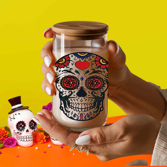 Day of the Dead Cup,  Día de los Muertos Skull Tumbler 16oz Acrylic or Glass Coffee Tumbler with Lid & Straw, UVDTF Cup