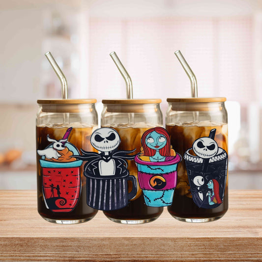 Jack & Sally Nightmare Before Christmas Halloween 16oz Acrylic or Glass Coffee Tumbler with Lid & Straw, UVDTF Cup