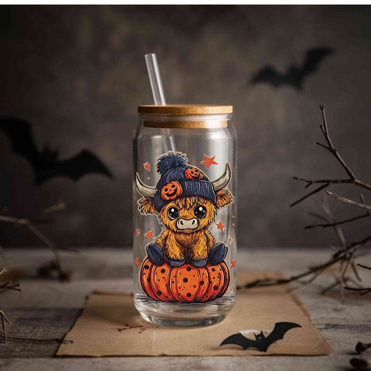 Cute Halloween Cow 16oz Acrylic or Glass Coffee Tumbler with Lid & Straw, Fall UVDTF Cup
