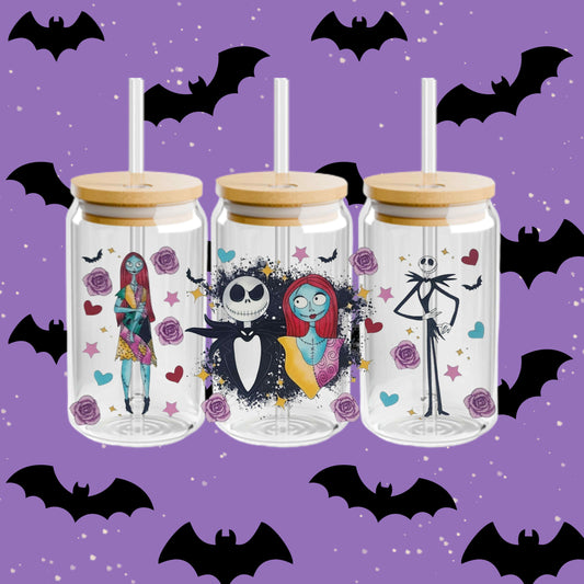 The Nightmare Before Christmas Halloween 16oz Acrylic or Glass Coffee Tumbler with Lid & Straw, Fall UVDTF cup