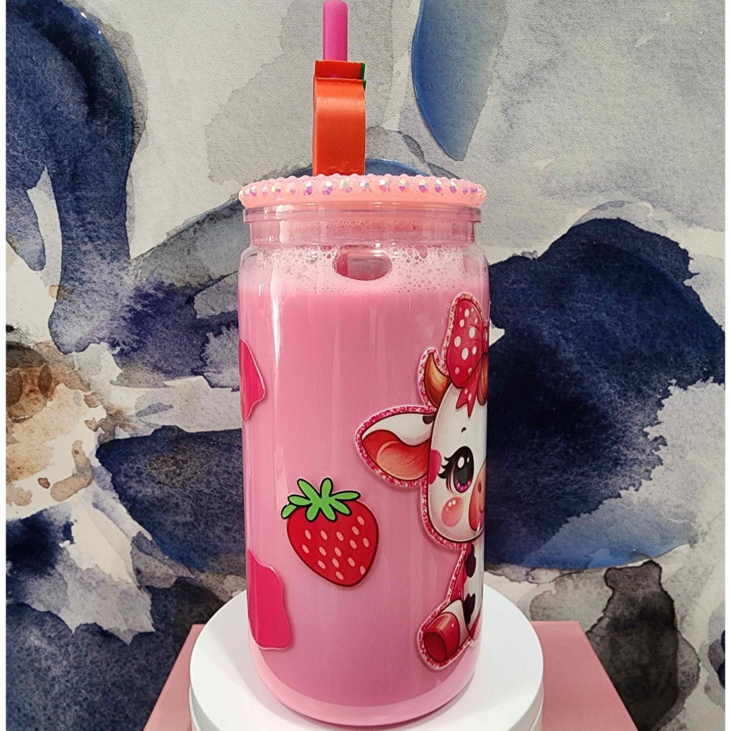 Strawberry Cow 16oz Snow Globe Tumbler | Kawaii Iced Coffee Cup, Girly Drinkware