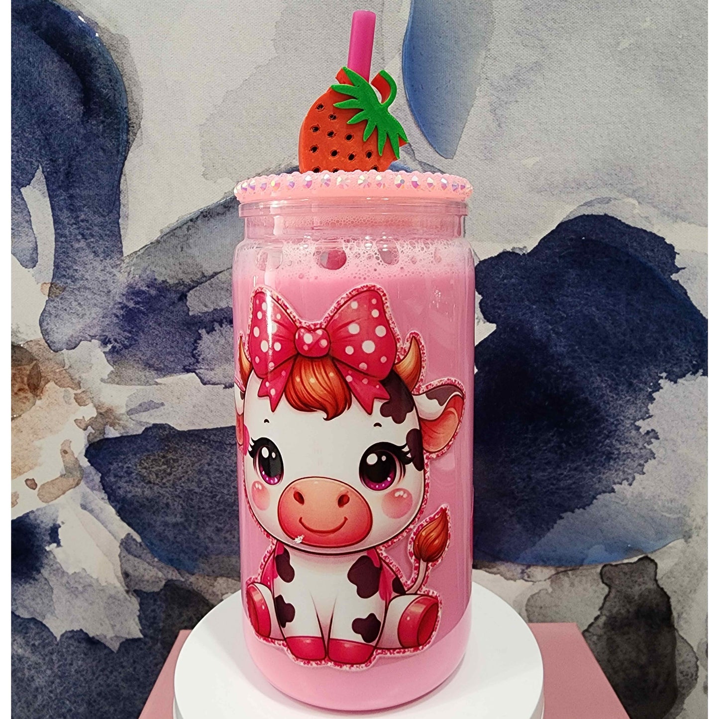 Strawberry Cow 16oz Snow Globe Tumbler | Kawaii Iced Coffee Cup, Girly Drinkware