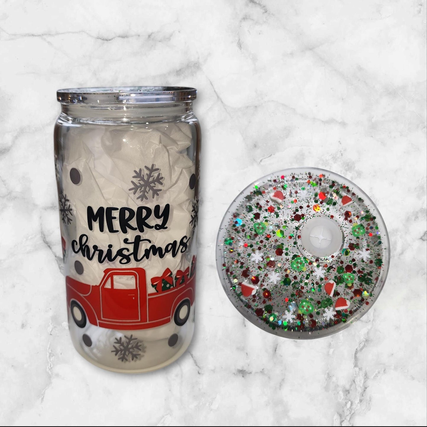 Merry Christmas Red Truck 16oz Libbey Cup With Decorated Lid