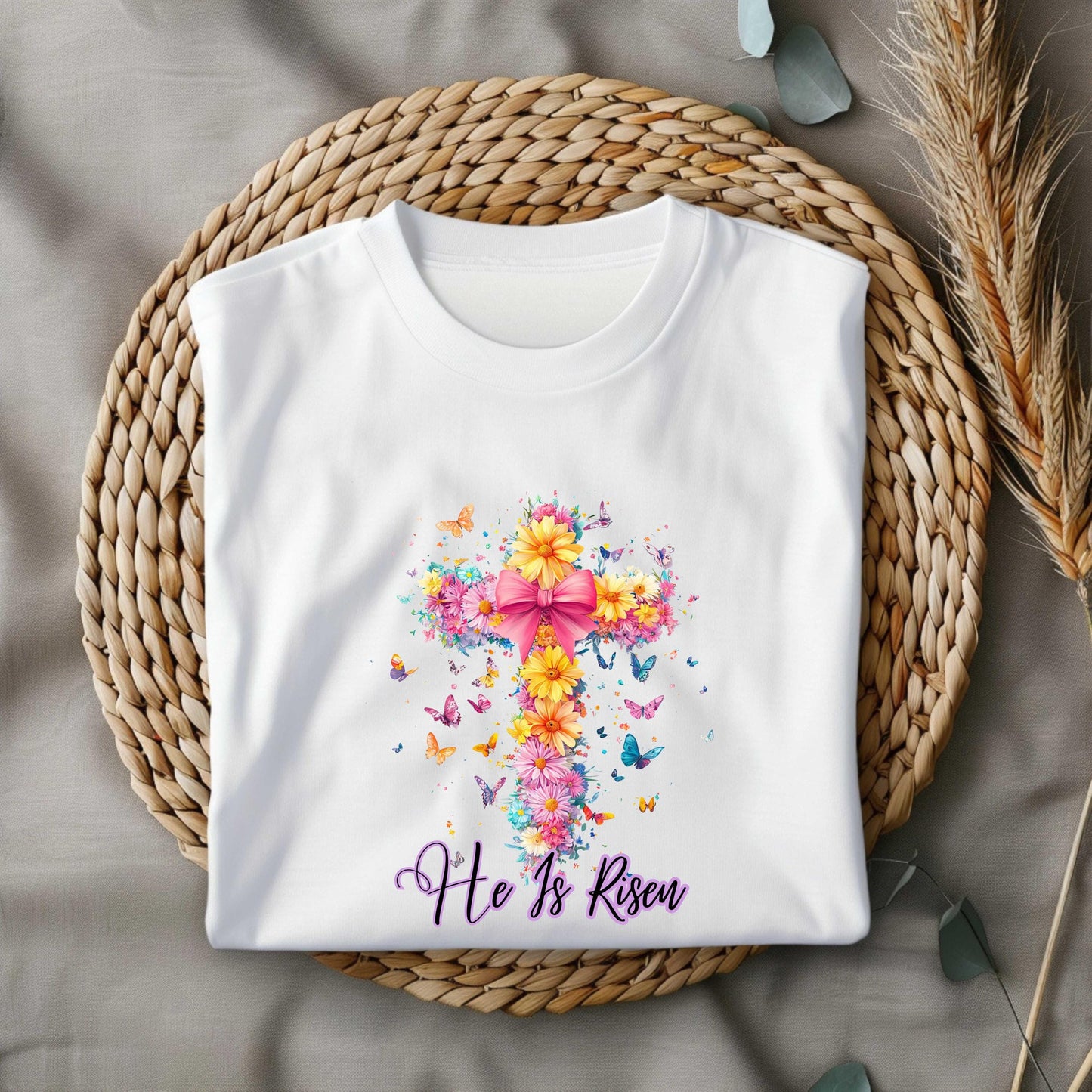 Easter flower cross PNG, He Is Risen PNG, Cross coquette bow